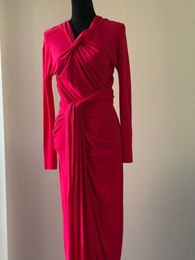 Lanvin Hot Pink Twist-Waist Long Sleeve Maxi Dress